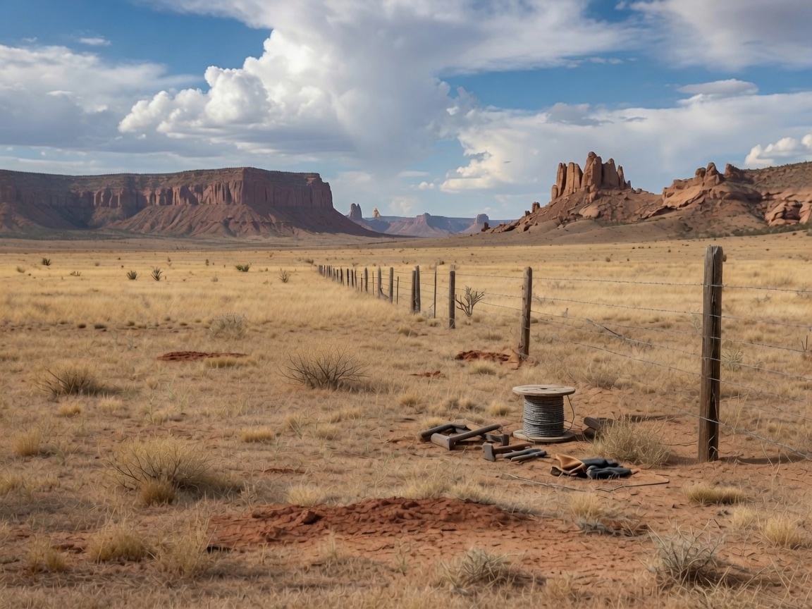 Cedar-post fence with high-tensile wire crossing rolling High Plains terrain