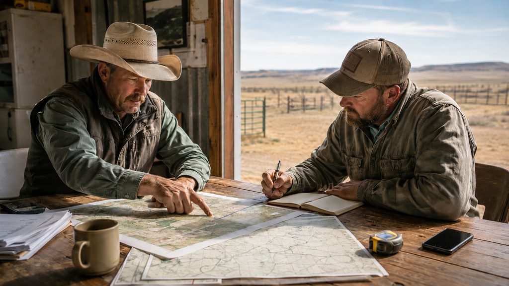 A rancher and a Range Solutions consultant working through range maps at a table, open country visible through the doorway behind them