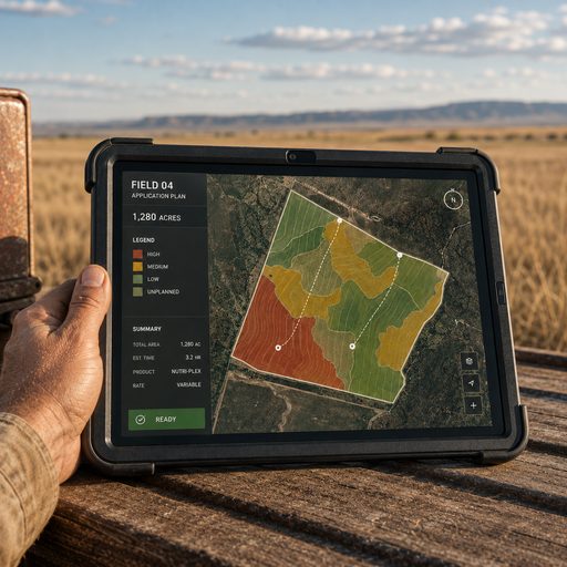 Rugged field tablet held over a truck tailgate, showing a variable-rate application plan for a 1,280-acre field with rate zones marked high, medium and low