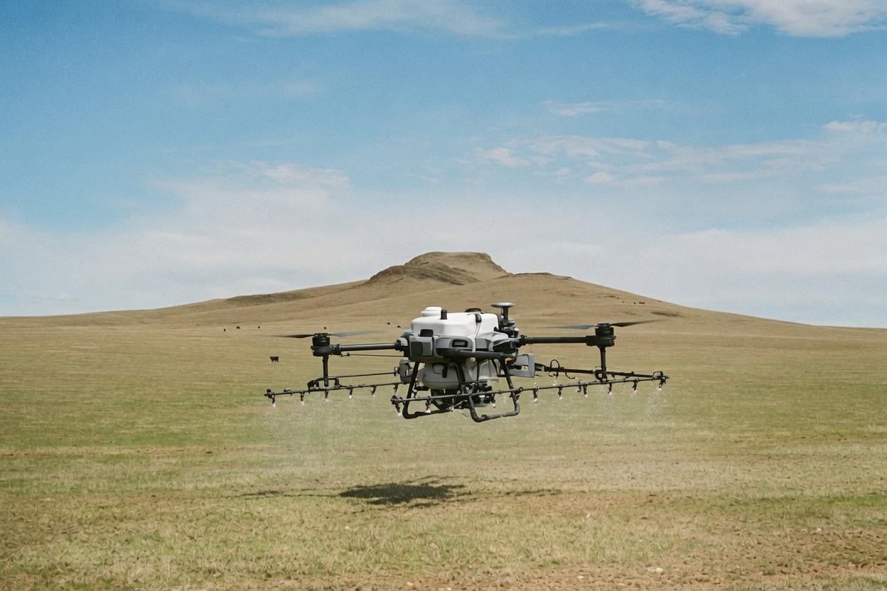 Agricultural spray drone in flight over High Plains rangeland, mesa formations on the horizon