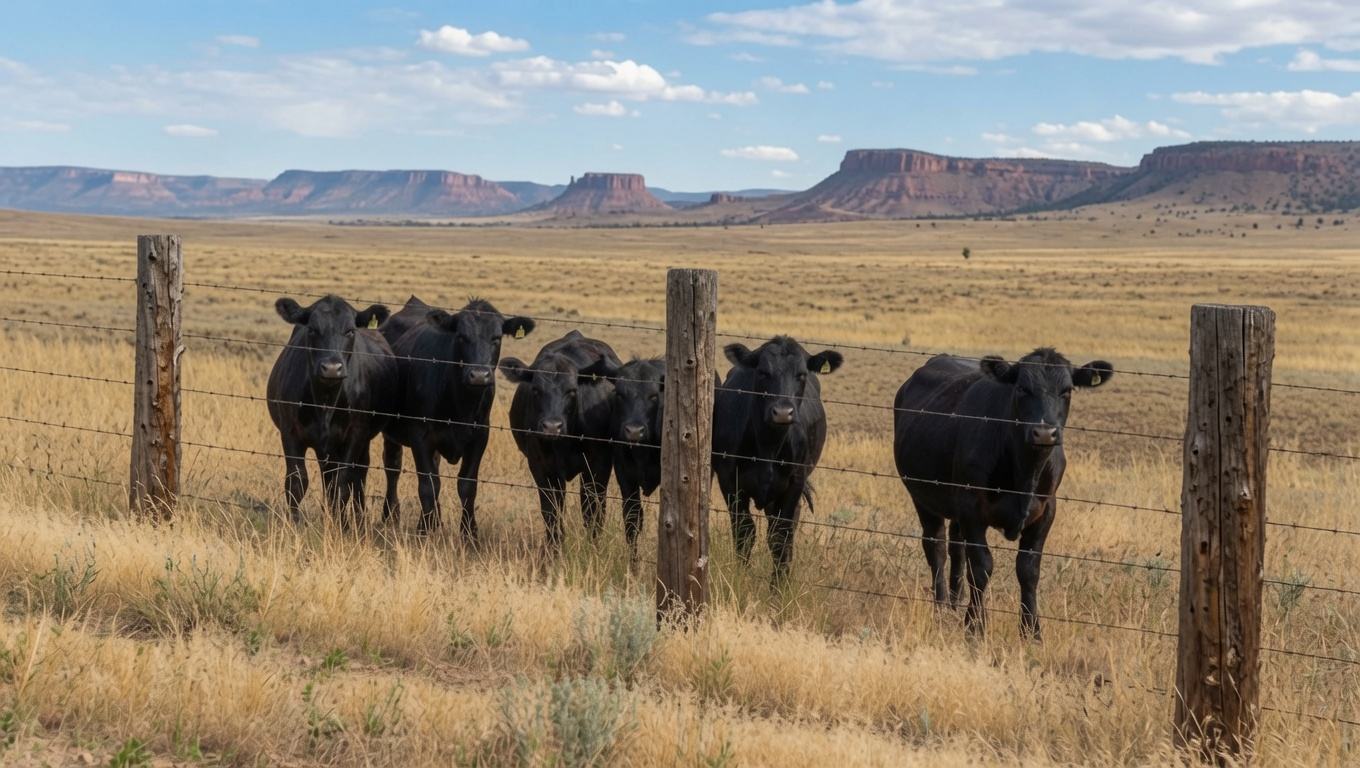 Newly built high-tensile ranch fence line running across open High Plains grassland