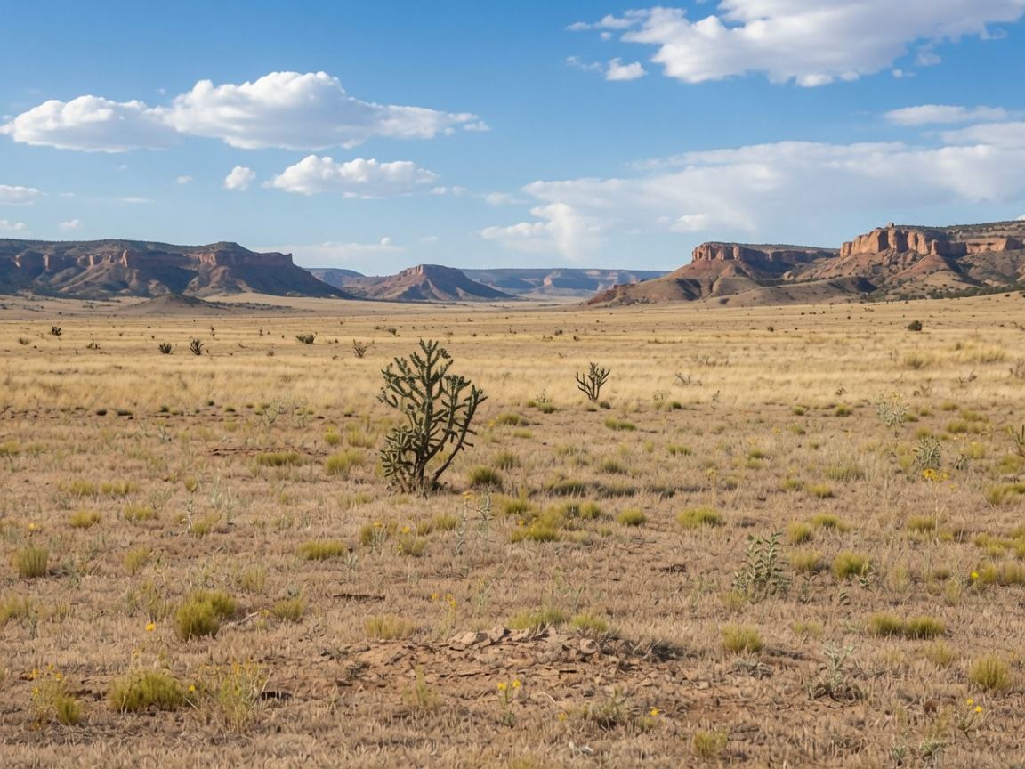 High Plains landscape at golden hour, grassland running to distant mesas