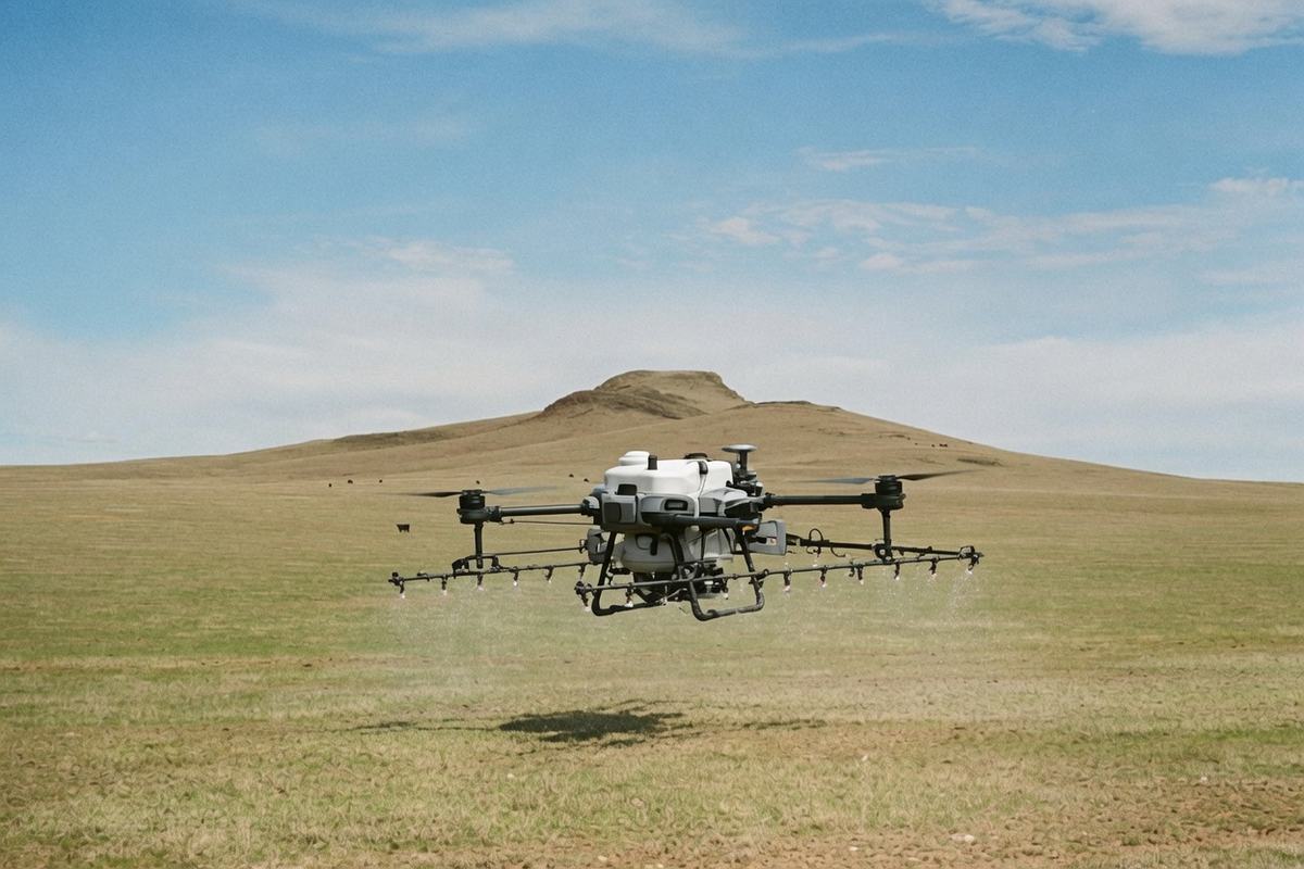A Range Solutions spray drone flying low over High Plains rangeland, mesa on the horizon