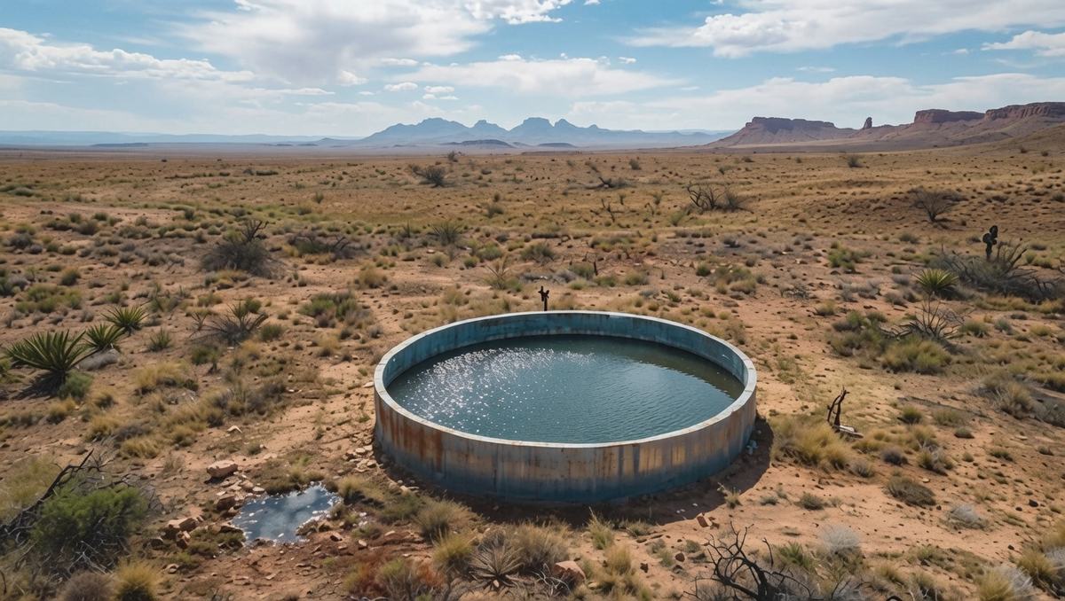 Livestock water storage tank and trough installed on open rangeland